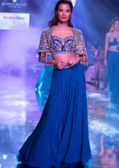 Seaside Blue Crop Top And Palazzo With Embossed Embroidery And Hand Crafted Cape