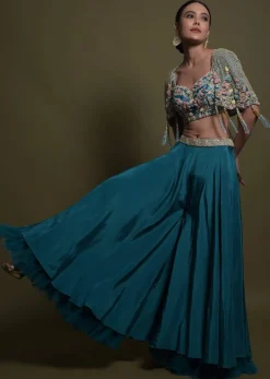 Seaside Blue Crop Top And Palazzo With Embossed Embroidery And Hand Crafted Cape