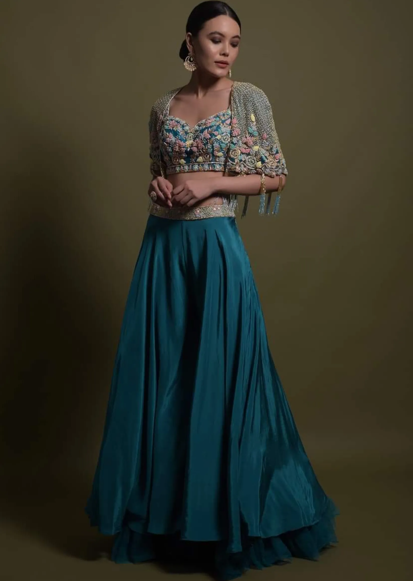 Seaside Blue Crop Top And Palazzo With Embossed Embroidery And Hand Crafted Cape
