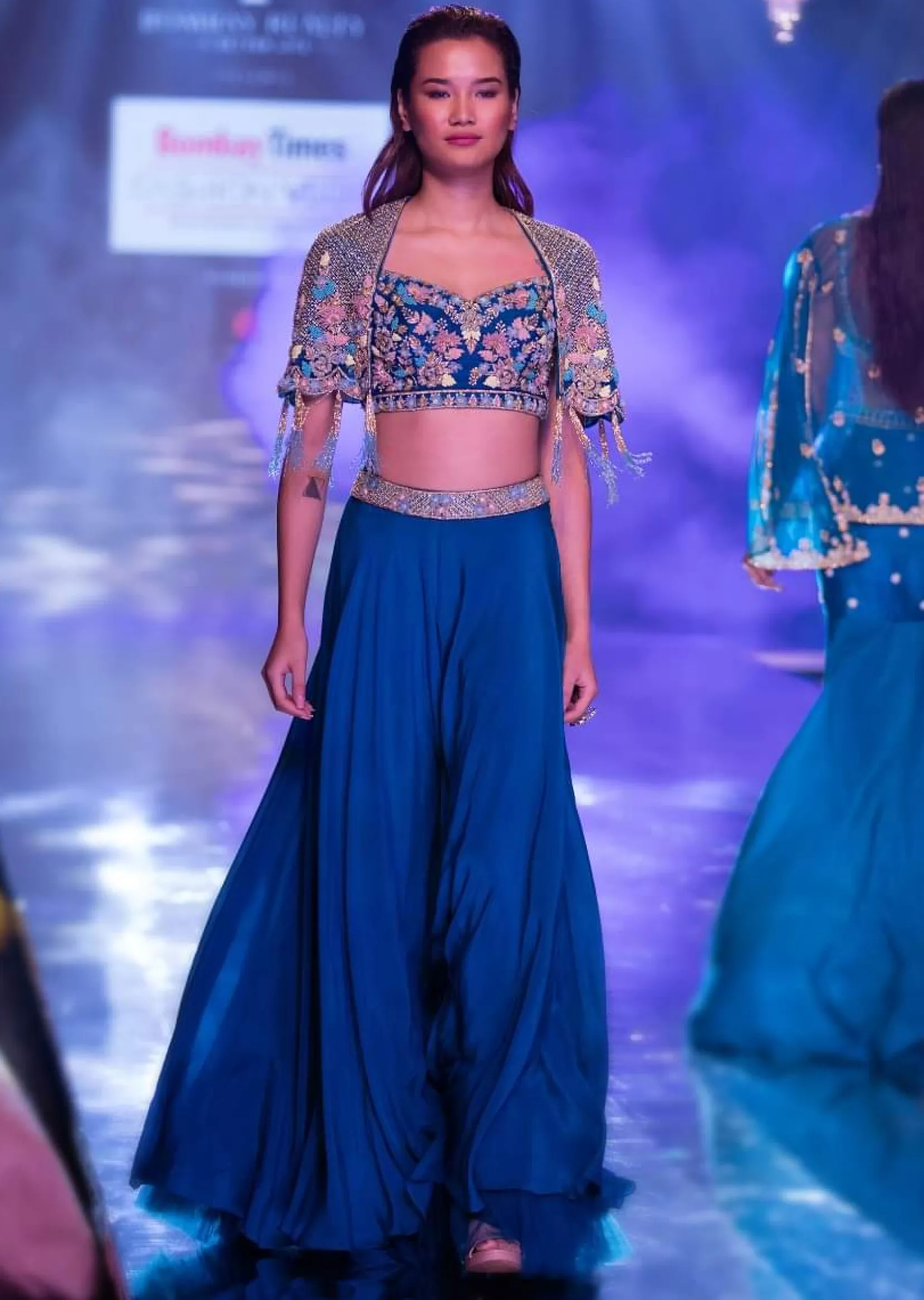 Seaside Blue Crop Top And Palazzo With Embossed Embroidery And Hand Crafted Cape