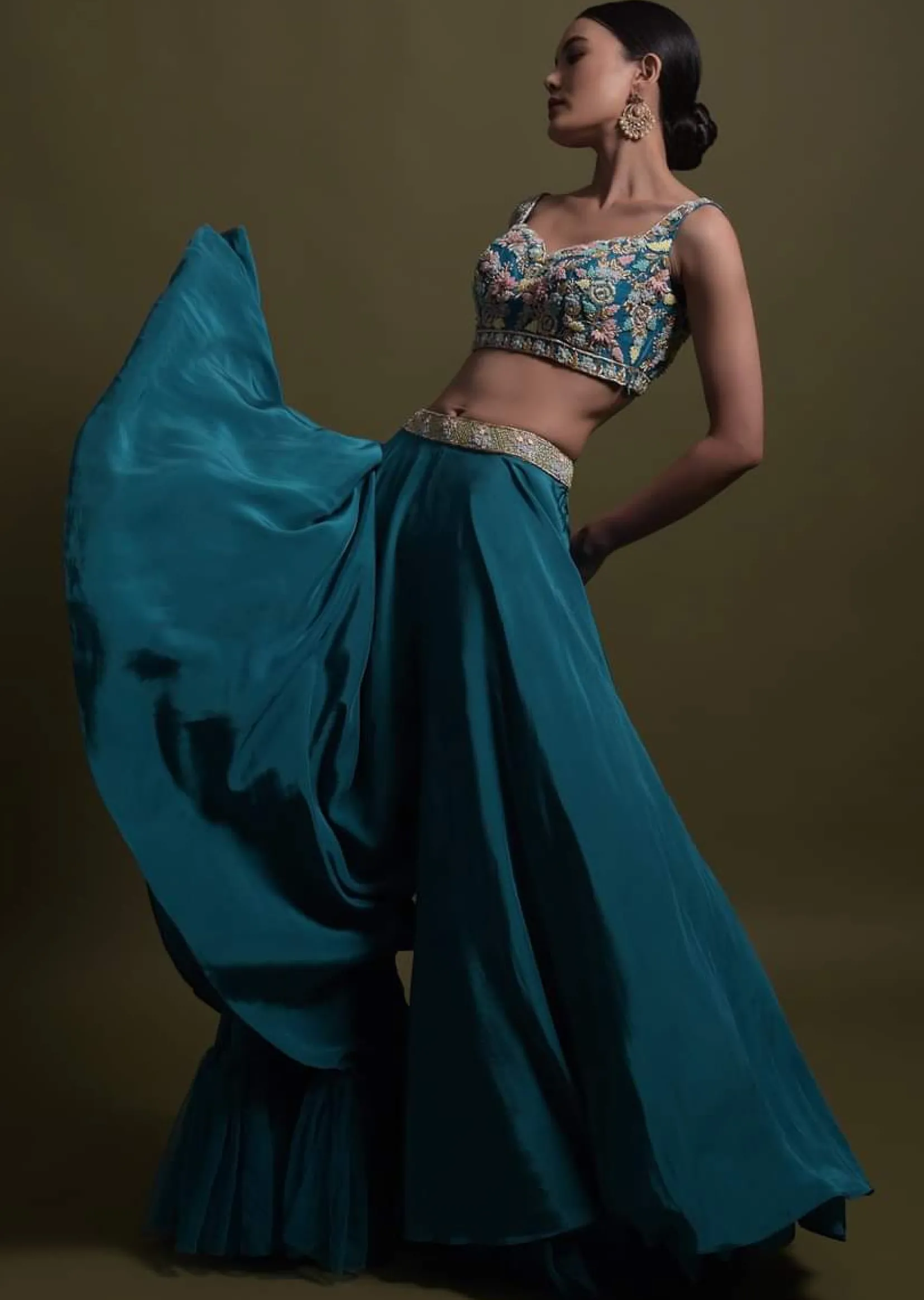 Seaside Blue Crop Top And Palazzo With Embossed Embroidery And Hand Crafted Cape