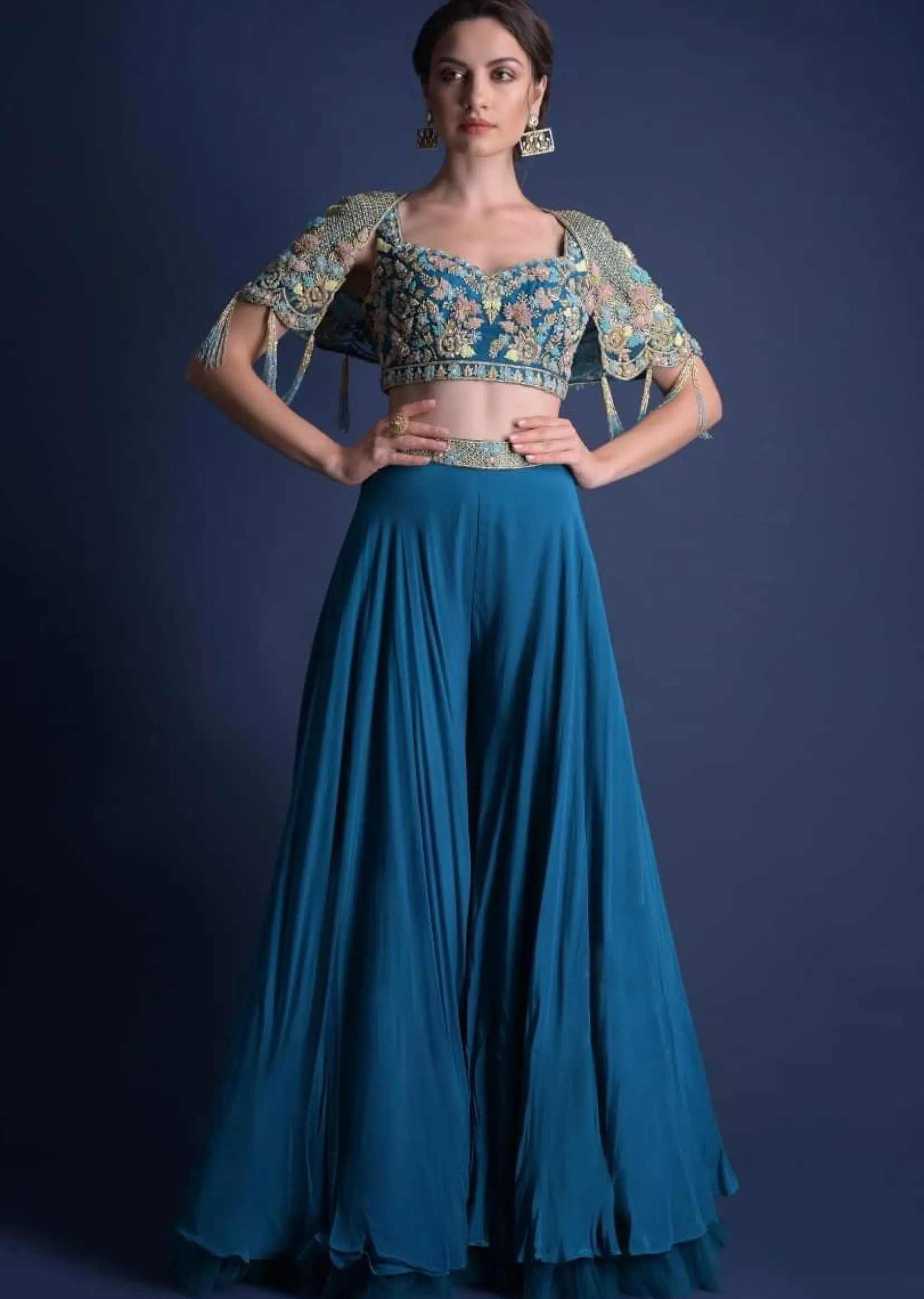 Seaside Blue Crop Top And Palazzo With Embossed Embroidery And Hand Crafted Cape