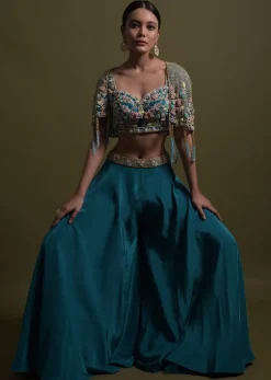 Seaside Blue Crop Top And Palazzo With Embossed Embroidery And Hand Crafted Cape