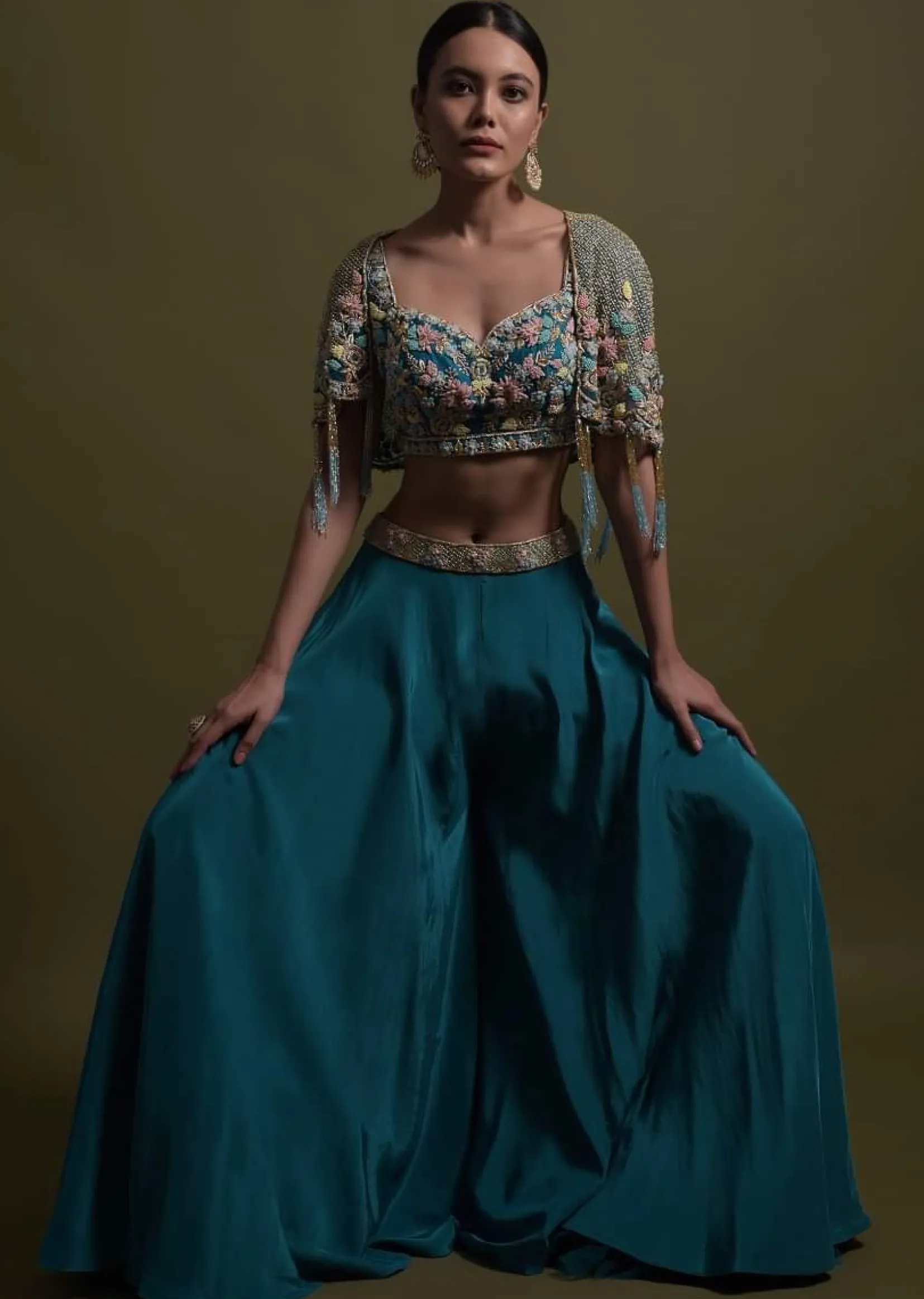 Seaside Blue Crop Top And Palazzo With Embossed Embroidery And Hand Crafted Cape
