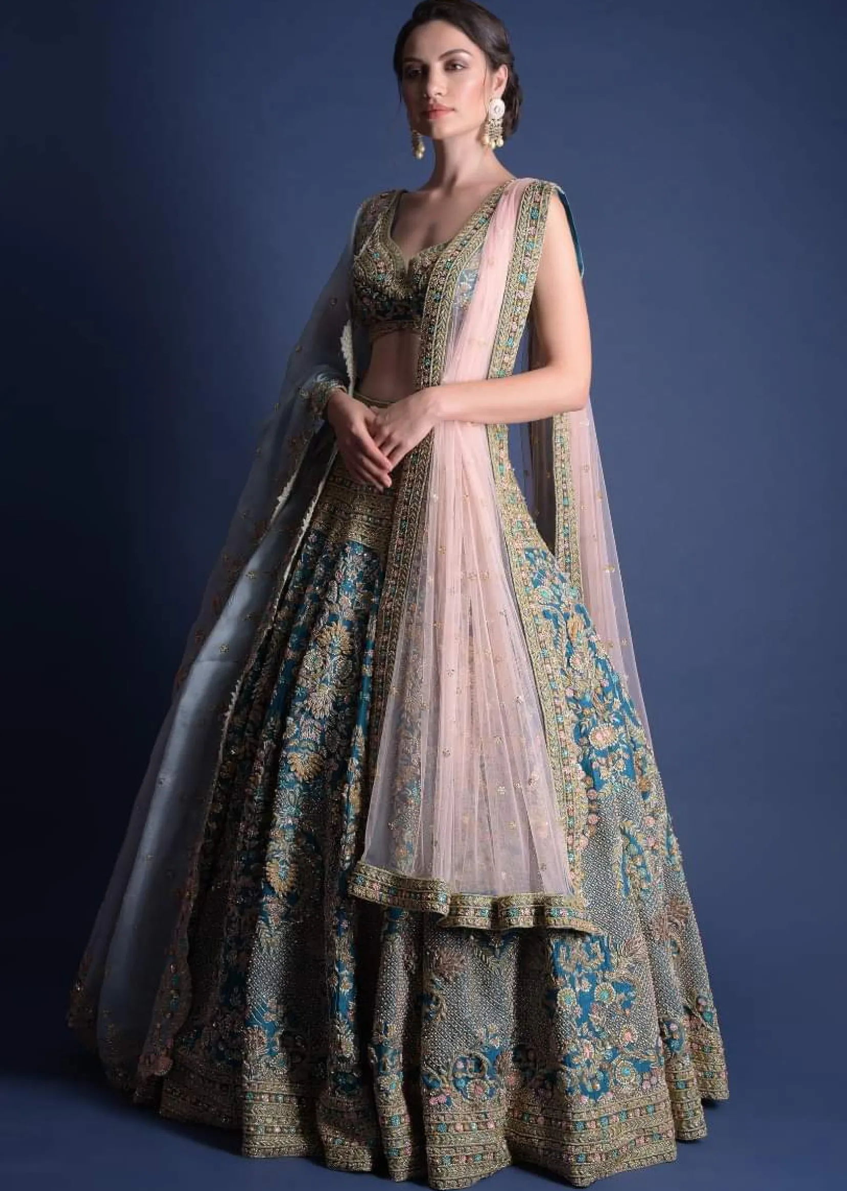 Seaside Blue Lehenga Choli With Heavy Hand Embellished Moroccan And Floral Pattern