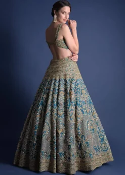 Seaside Blue Lehenga Choli With Heavy Hand Embellished Moroccan And Floral Pattern