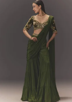 Seaweed Green Hand Embroidered Drape Pallu Style Sharara Set