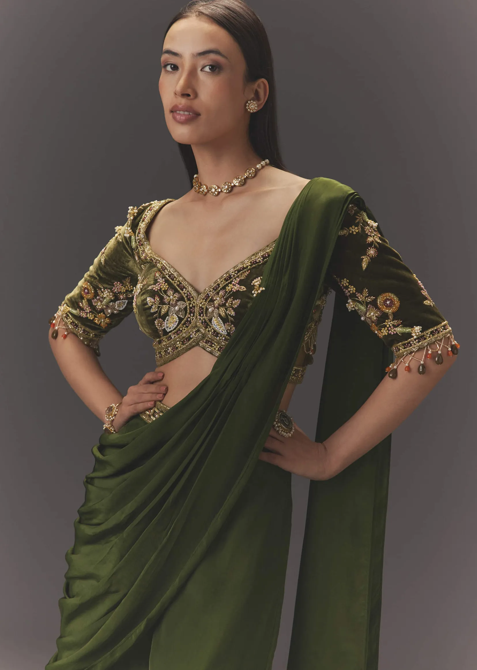 Seaweed Green Hand Embroidered Drape Pallu Style Sharara Set