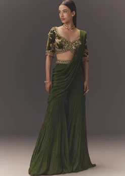 Seaweed Green Hand Embroidered Drape Pallu Style Sharara Set