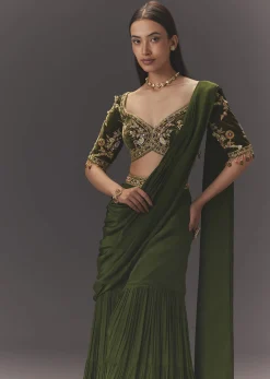 Seaweed Green Hand Embroidered Drape Pallu Style Sharara Set