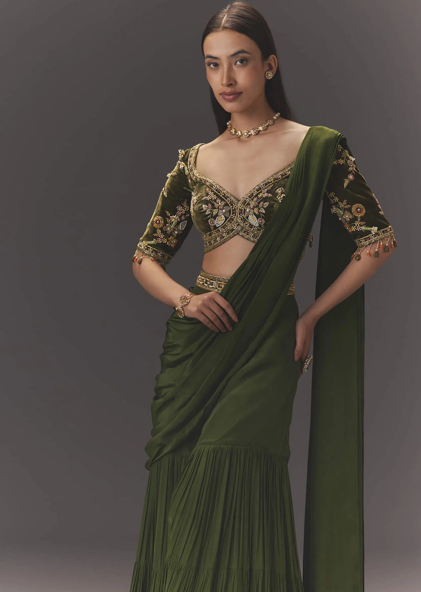 Seaweed Green Hand Embroidered Drape Pallu Style Sharara Set