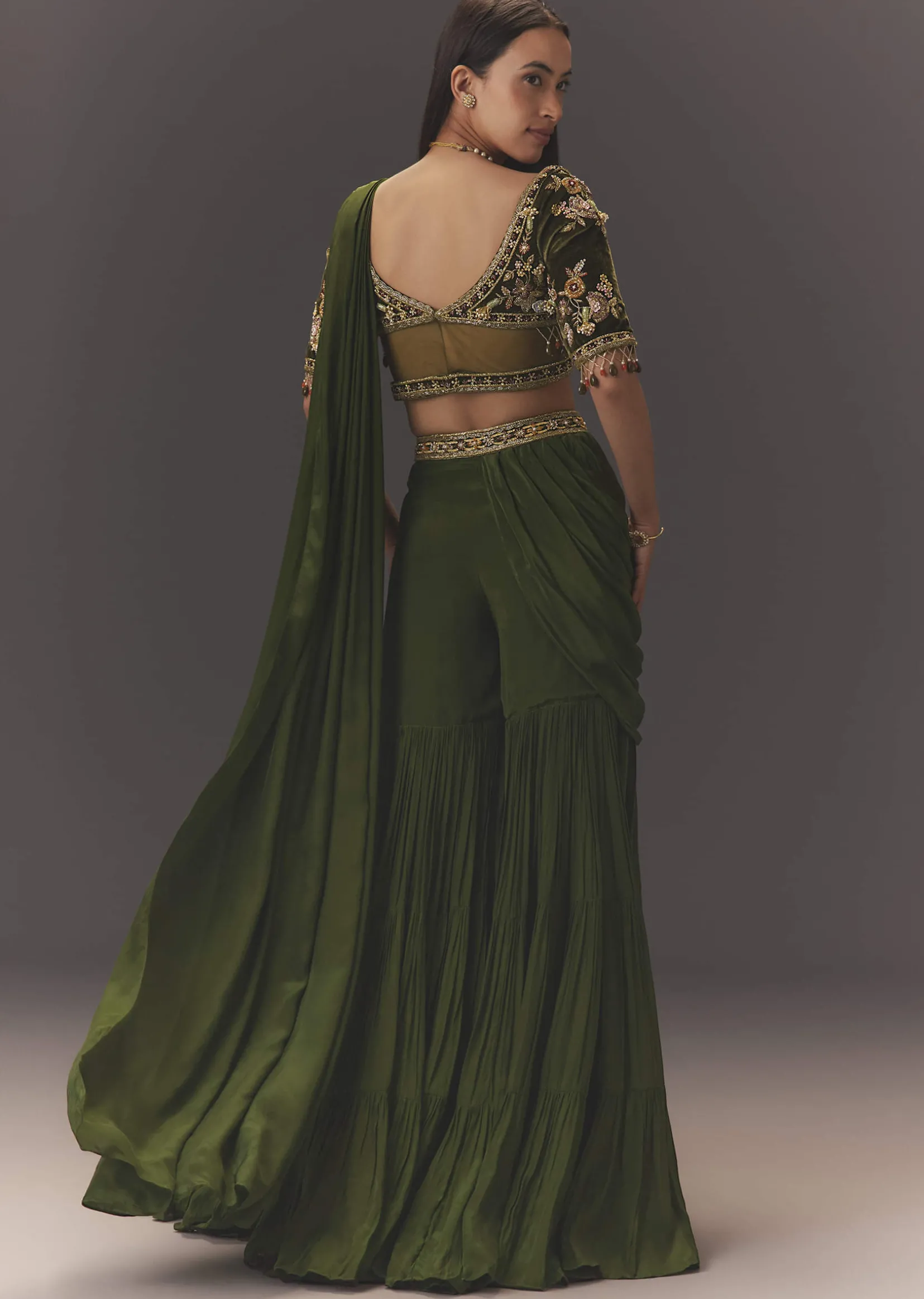 Seaweed Green Hand Embroidered Drape Pallu Style Sharara Set