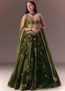 Seaweed Green Velvet Lehenga Set With Hand Work