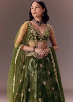 Seaweed Green Velvet Lehenga Set With Hand Work