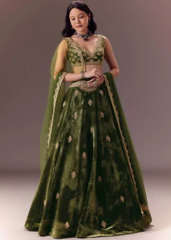 Seaweed Green Velvet Lehenga Set With Hand Work