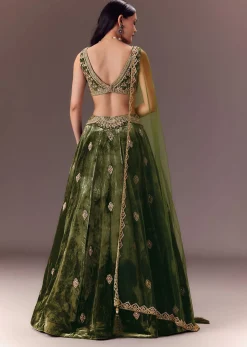 Seaweed Green Velvet Lehenga Set With Hand Work