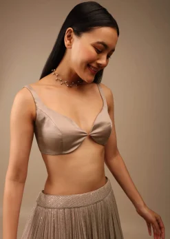Shadow Grey Backless Blouse In Satin With Plunging Sweetheart Neckline And Curved Hem