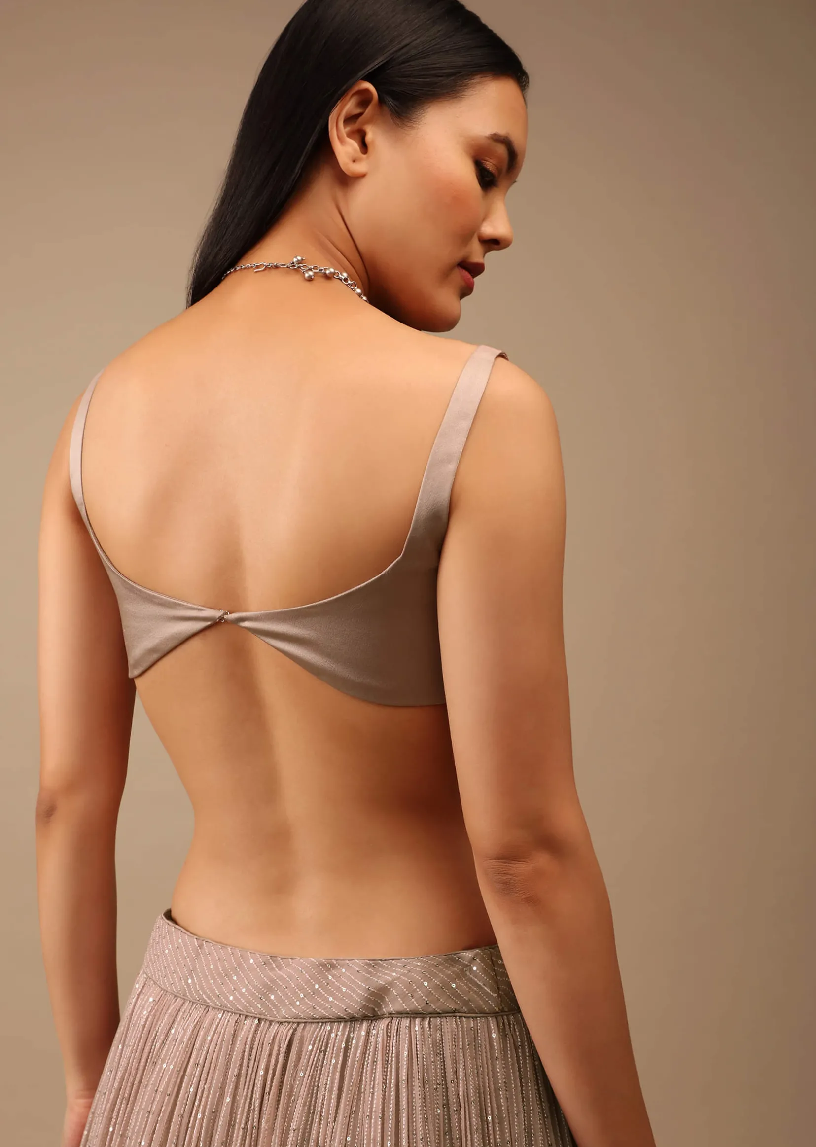 Shadow Grey Backless Blouse In Satin With Plunging Sweetheart Neckline And Curved Hem