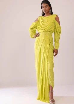 Sheen Green Cowl Top And Drape Skirt In Crepe