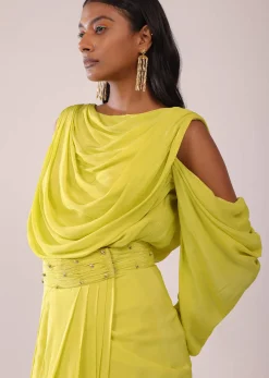 Sheen Green Cowl Top And Drape Skirt In Crepe