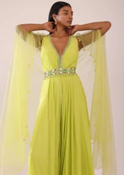 Sheen Green Crepe Jumpsuit And Net Shrug With A Crystal Bead Embroidered Belt
