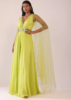 Sheen Green Crepe Jumpsuit And Net Shrug With A Crystal Bead Embroidered Belt