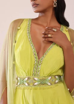 Sheen Green Crepe Jumpsuit And Net Shrug With A Crystal Bead Embroidered Belt