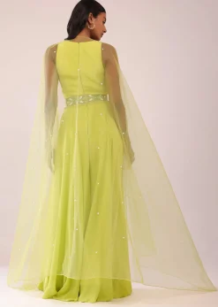 Sheen Green Crepe Jumpsuit And Net Shrug With A Crystal Bead Embroidered Belt