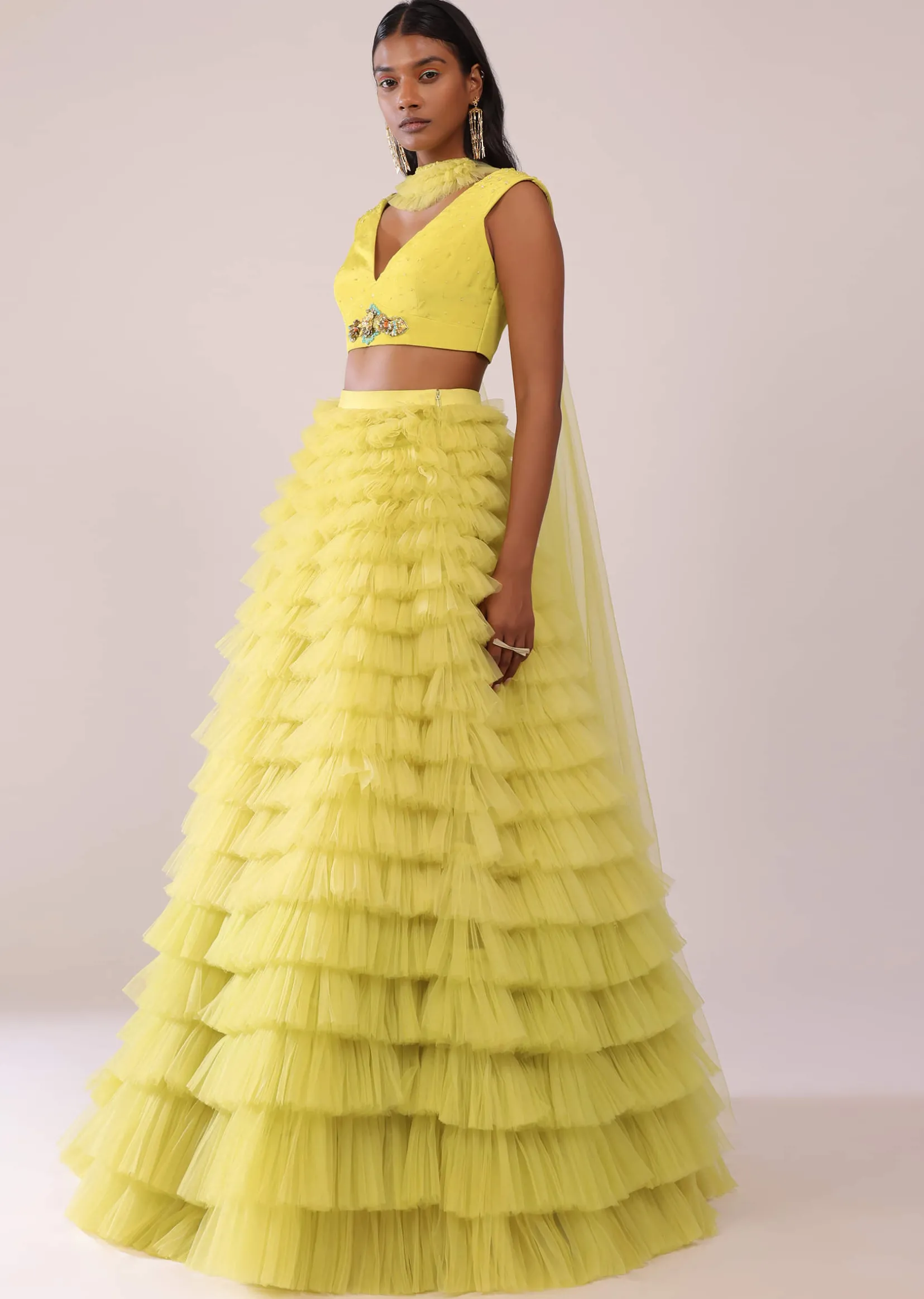 Sheen Green Frill Net Lehenga, Blouse, And Choker Set With Embroidery