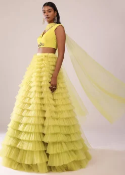 Sheen Green Frill Net Lehenga, Blouse, And Choker Set With Embroidery