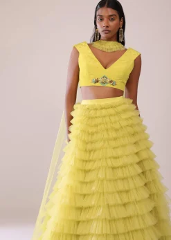 Sheen Green Frill Net Lehenga, Blouse, And Choker Set With Embroidery