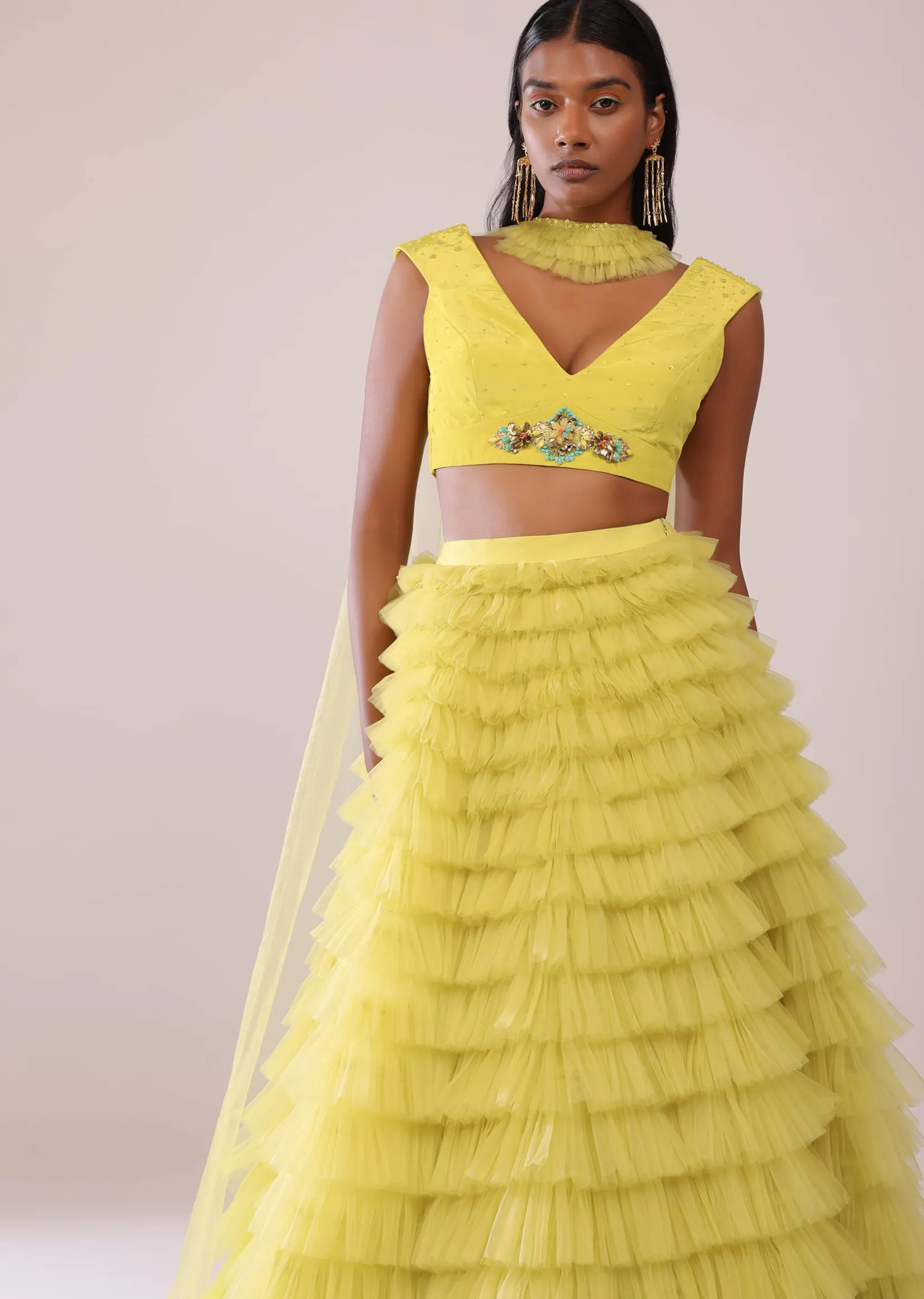 Sheen Green Frill Net Lehenga, Blouse, And Choker Set With Embroidery