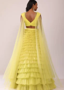 Sheen Green Frill Net Lehenga, Blouse, And Choker Set With Embroidery