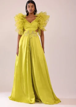 Sheen Green Jumpsuit With Ruffle Sleeves In Viscos Linen And Satin