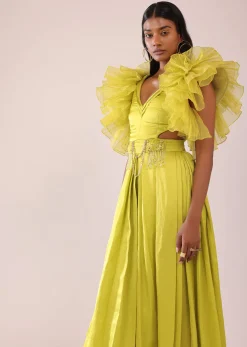 Sheen Green Jumpsuit With Ruffle Sleeves In Viscos Linen And Satin