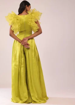 Sheen Green Jumpsuit With Ruffle Sleeves In Viscos Linen And Satin