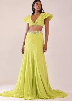 Sheen Green Paneled Lengha And Blouse With Elaborated Sleeves In Crepe