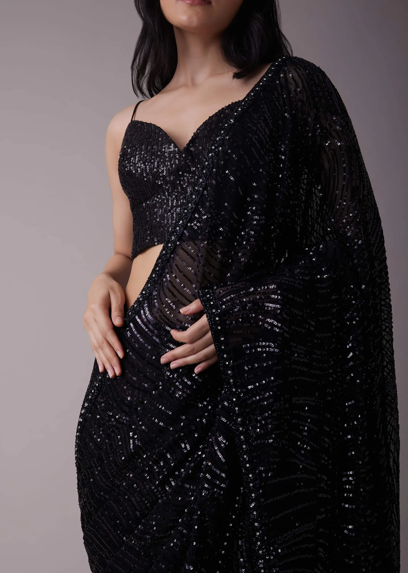 Shimmery Black Sequins Saree With An Embellished Border