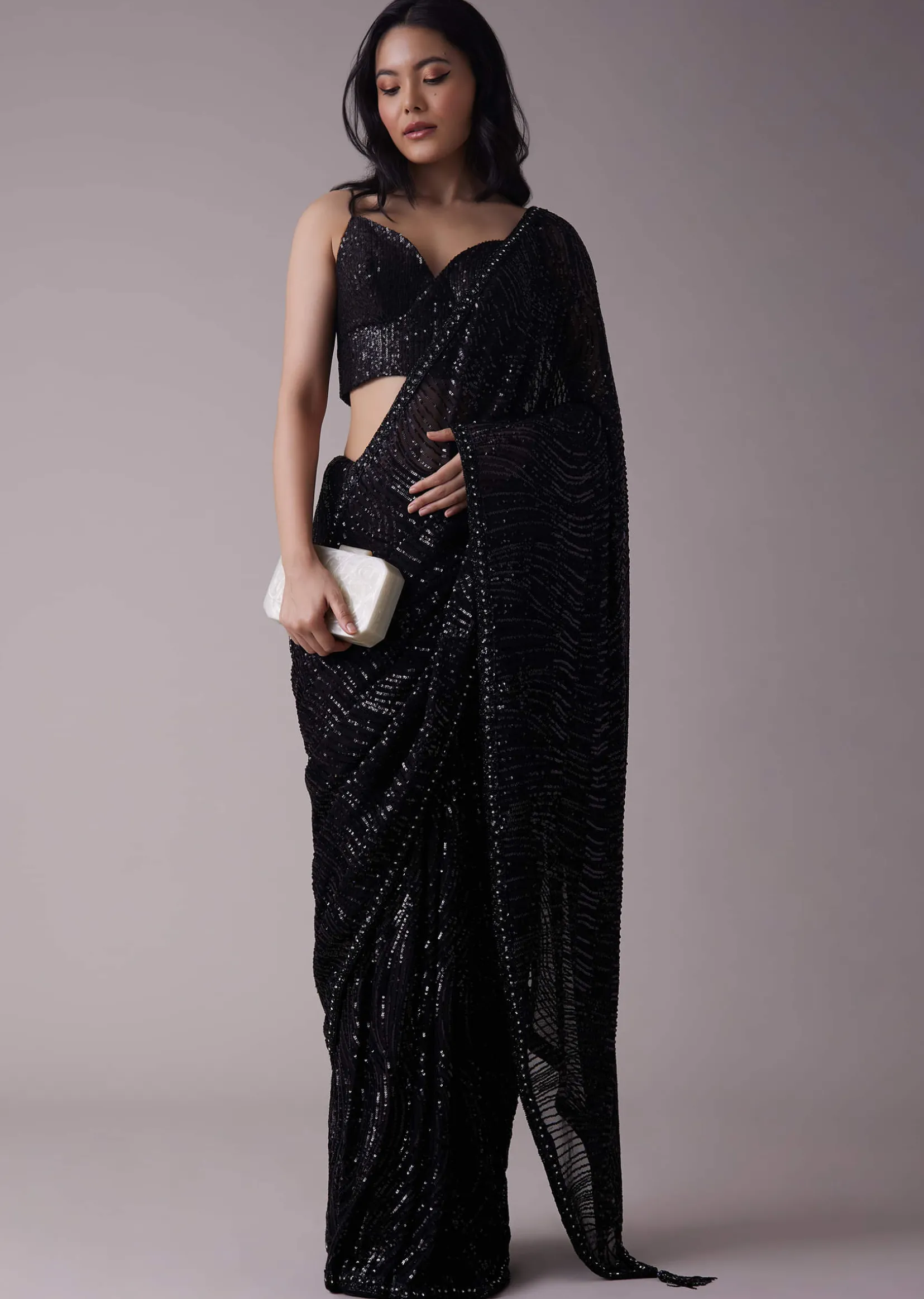 Shimmery Black Sequins Saree With An Embellished Border
