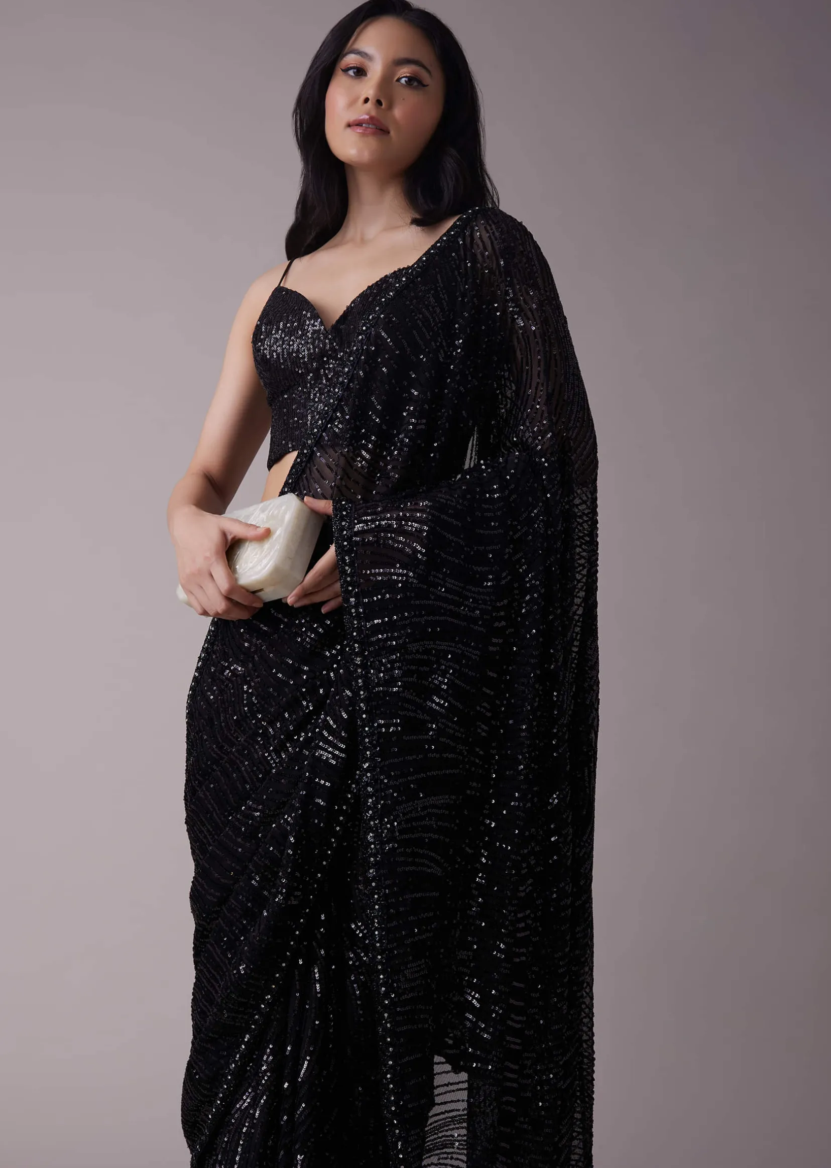 Shimmery Black Sequins Saree With An Embellished Border