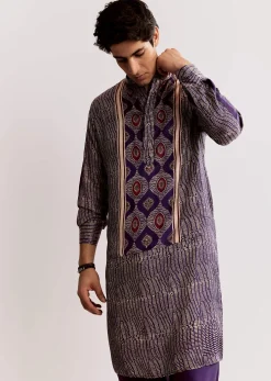 Silk Ajrakh Printed Kurta Set In Purple