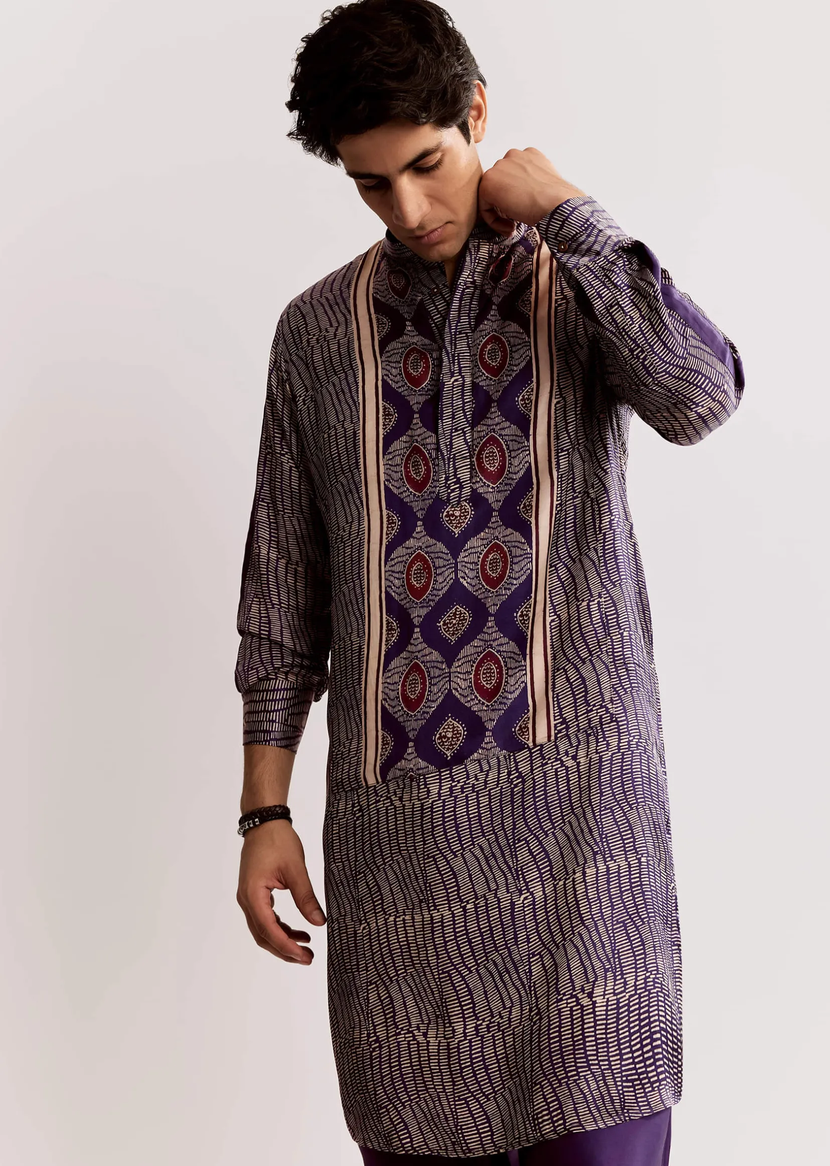 Silk Ajrakh Printed Kurta Set In Purple