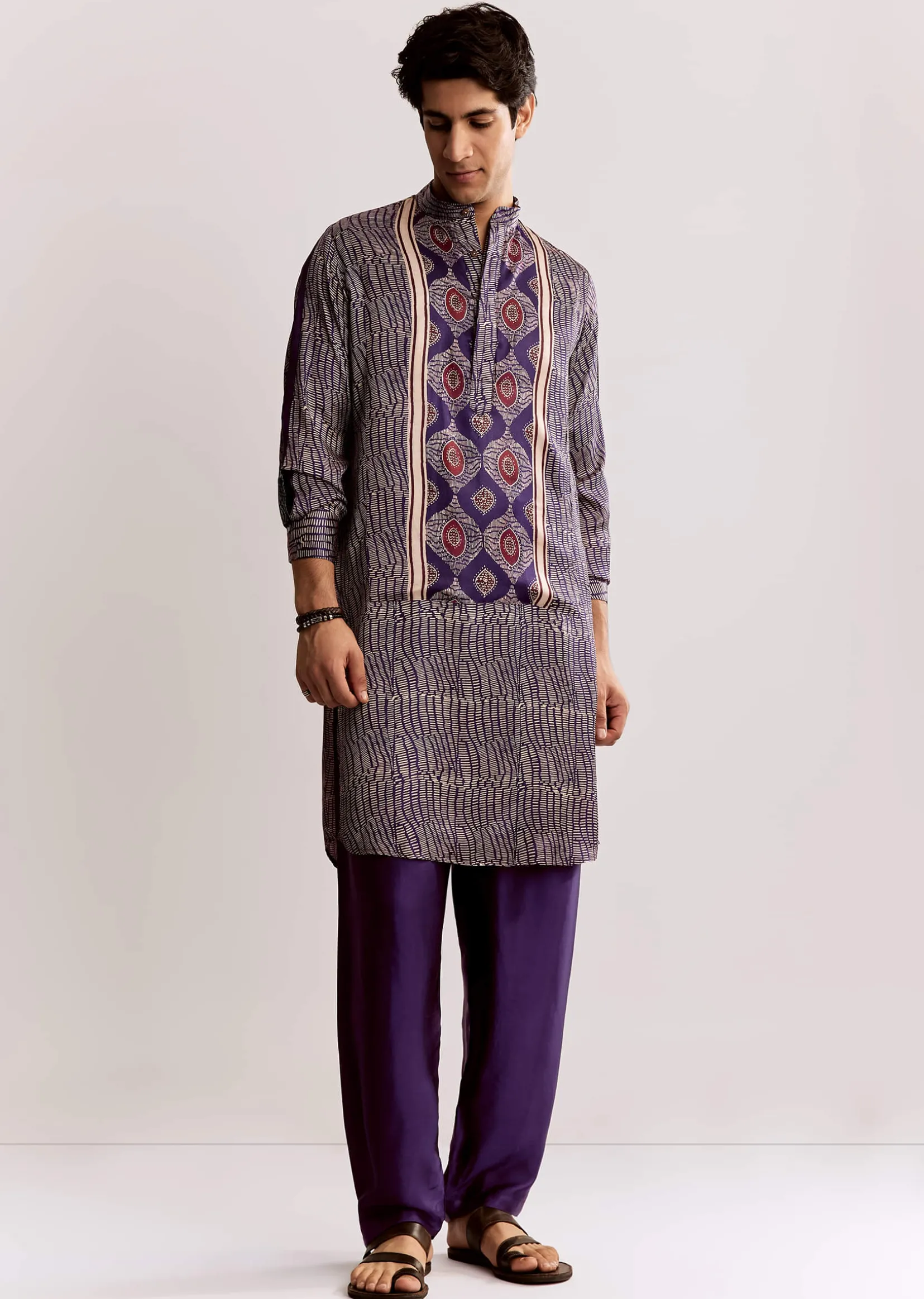 Silk Ajrakh Printed Kurta Set In Purple