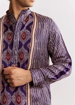 Silk Ajrakh Printed Kurta Set In Purple