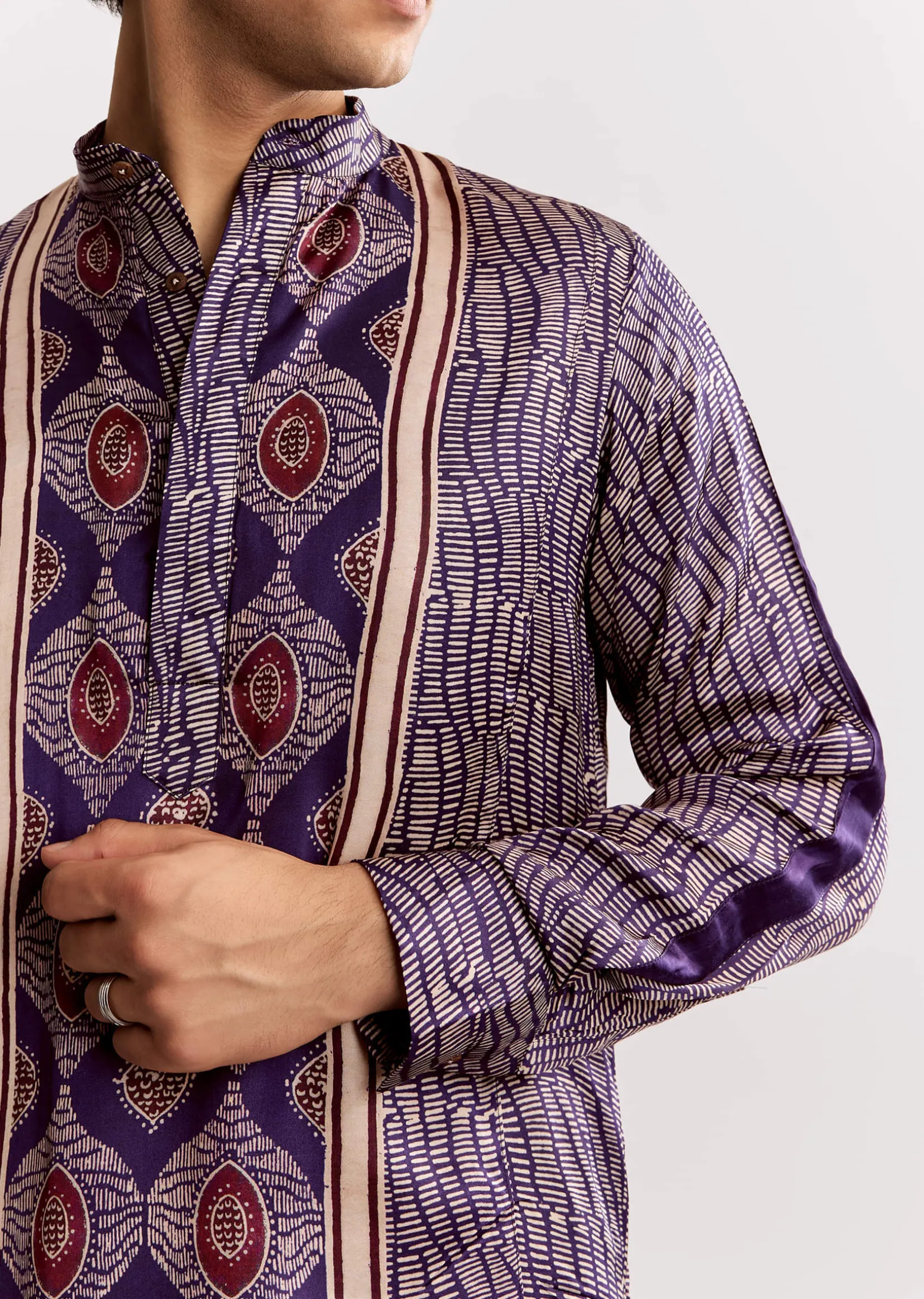 Silk Ajrakh Printed Kurta Set In Purple
