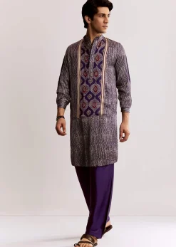 Silk Ajrakh Printed Kurta Set In Purple