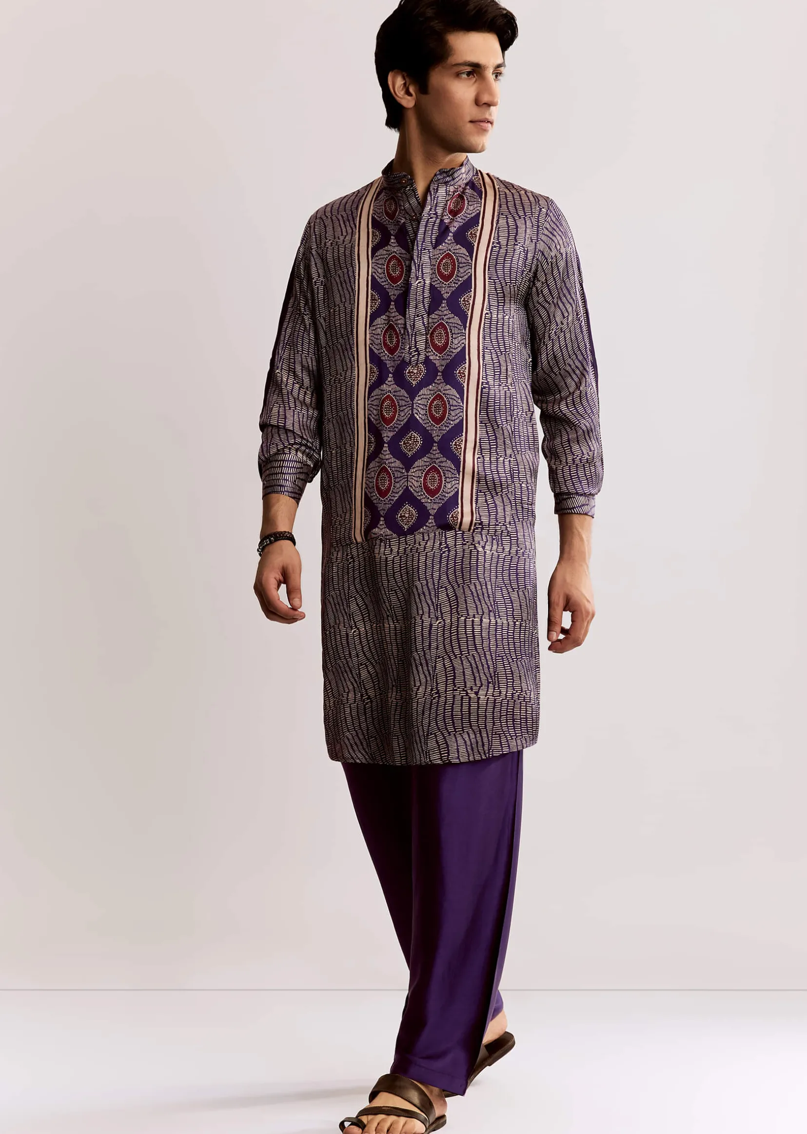 Silk Ajrakh Printed Kurta Set In Purple