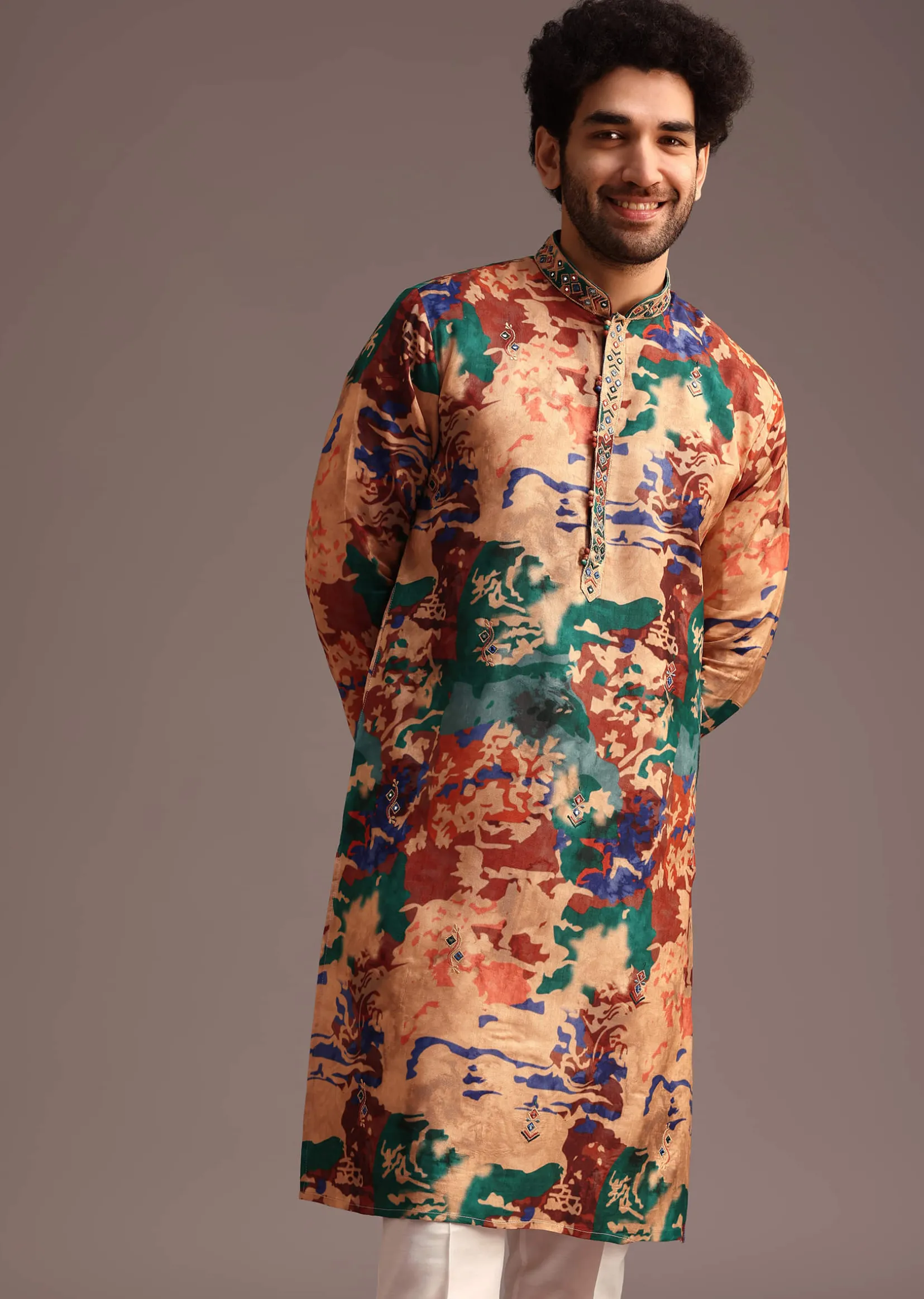Silk Multicolour Abstract Printed Kurta And Pant