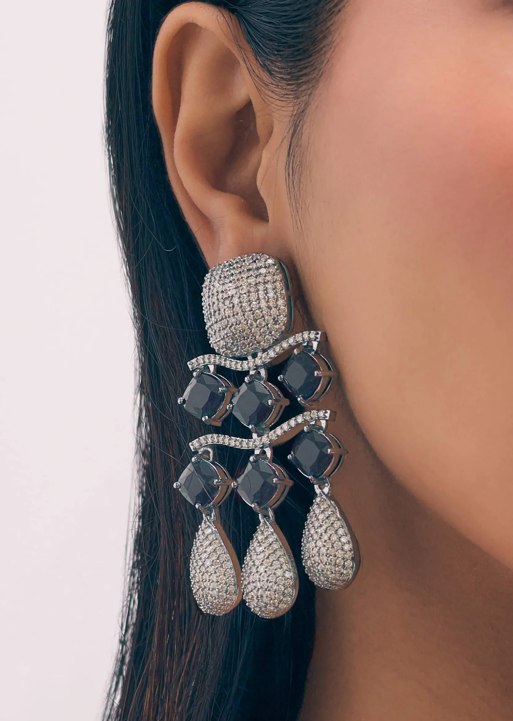 Silver And Black Finish Diamond Dangler Earrings In Mix Metal