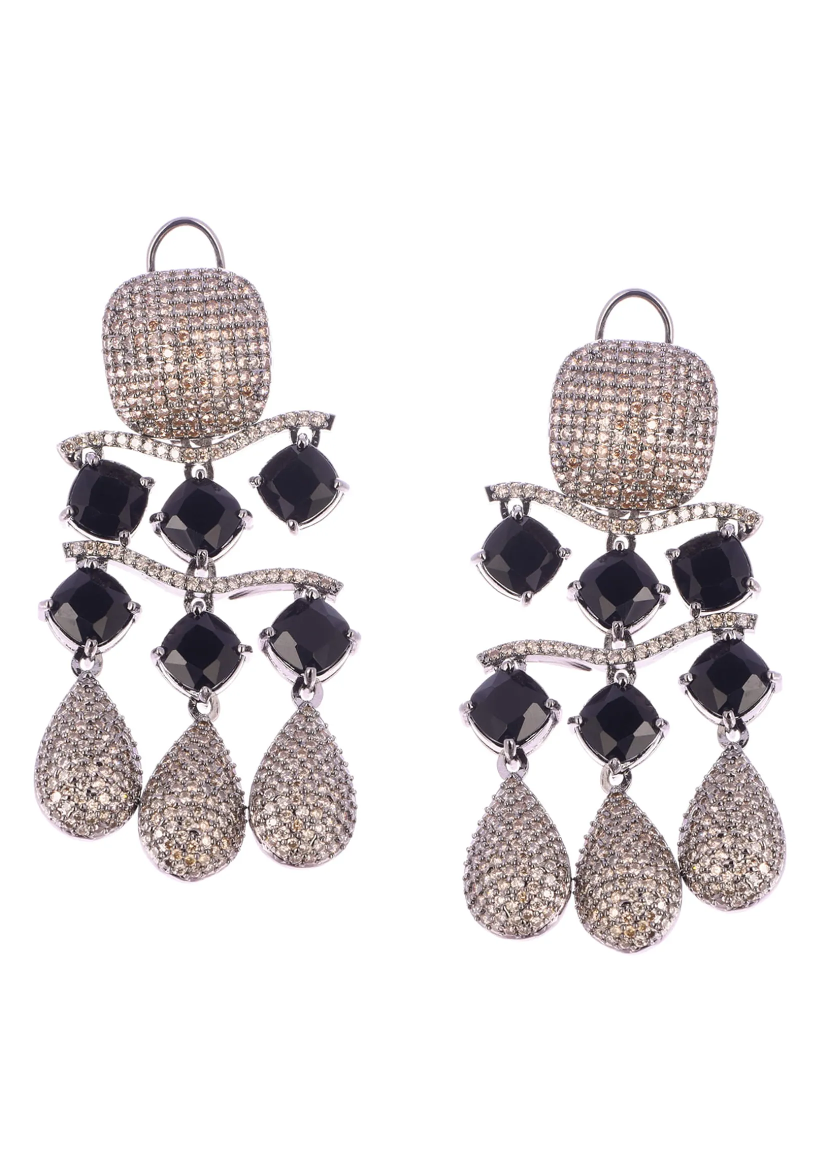 Silver And Black Finish Diamond Dangler Earrings In Mix Metal